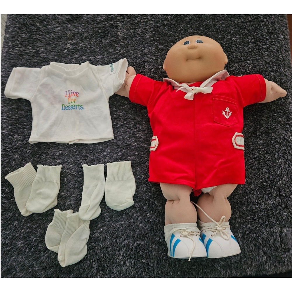 Cabbage Patch Kids Doll Boy Bald Blue Eyes Red Sailor Romper Desserts Tee Vtg